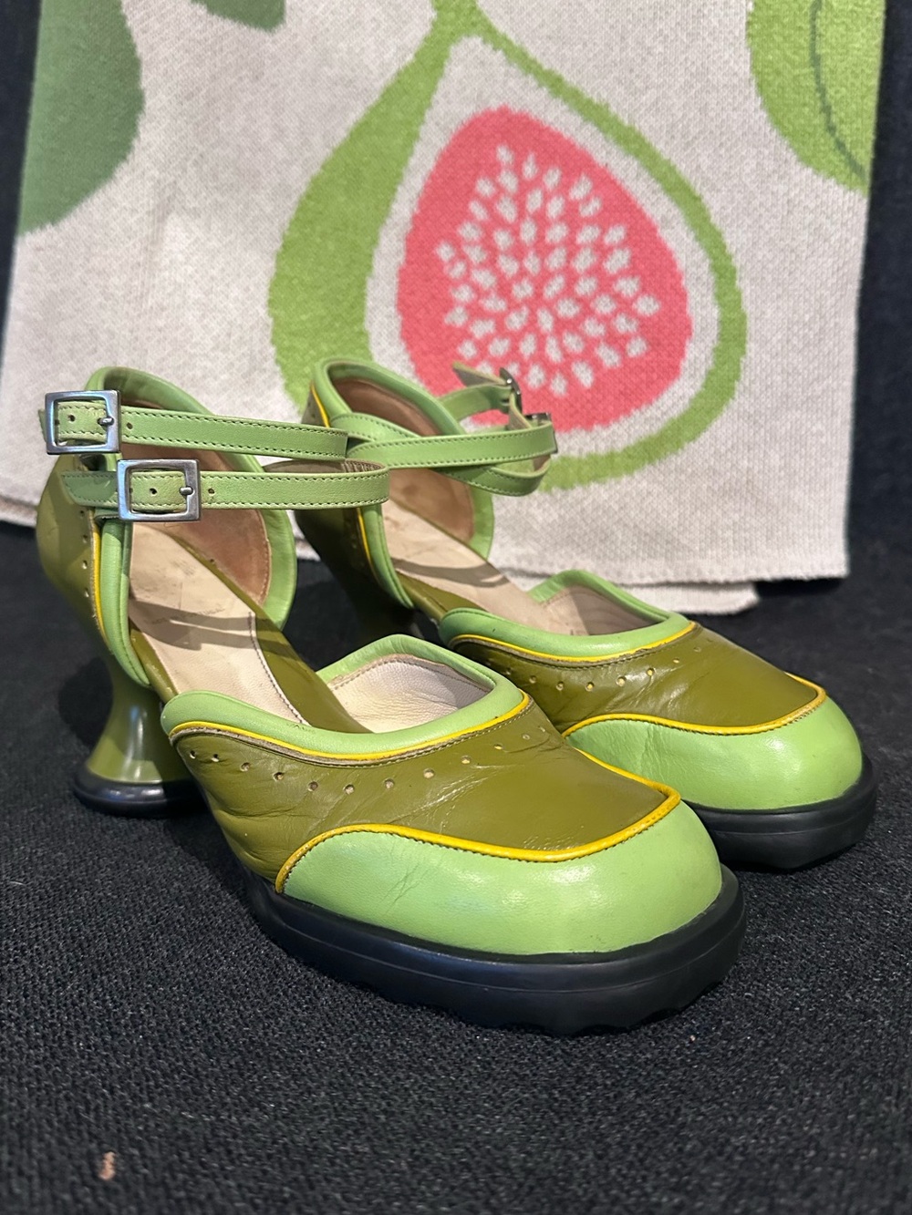 Fluevog VINTAGE Mini Q-Tee olive/mint green 2-strap buckle heel -7.5 (fits 8)
